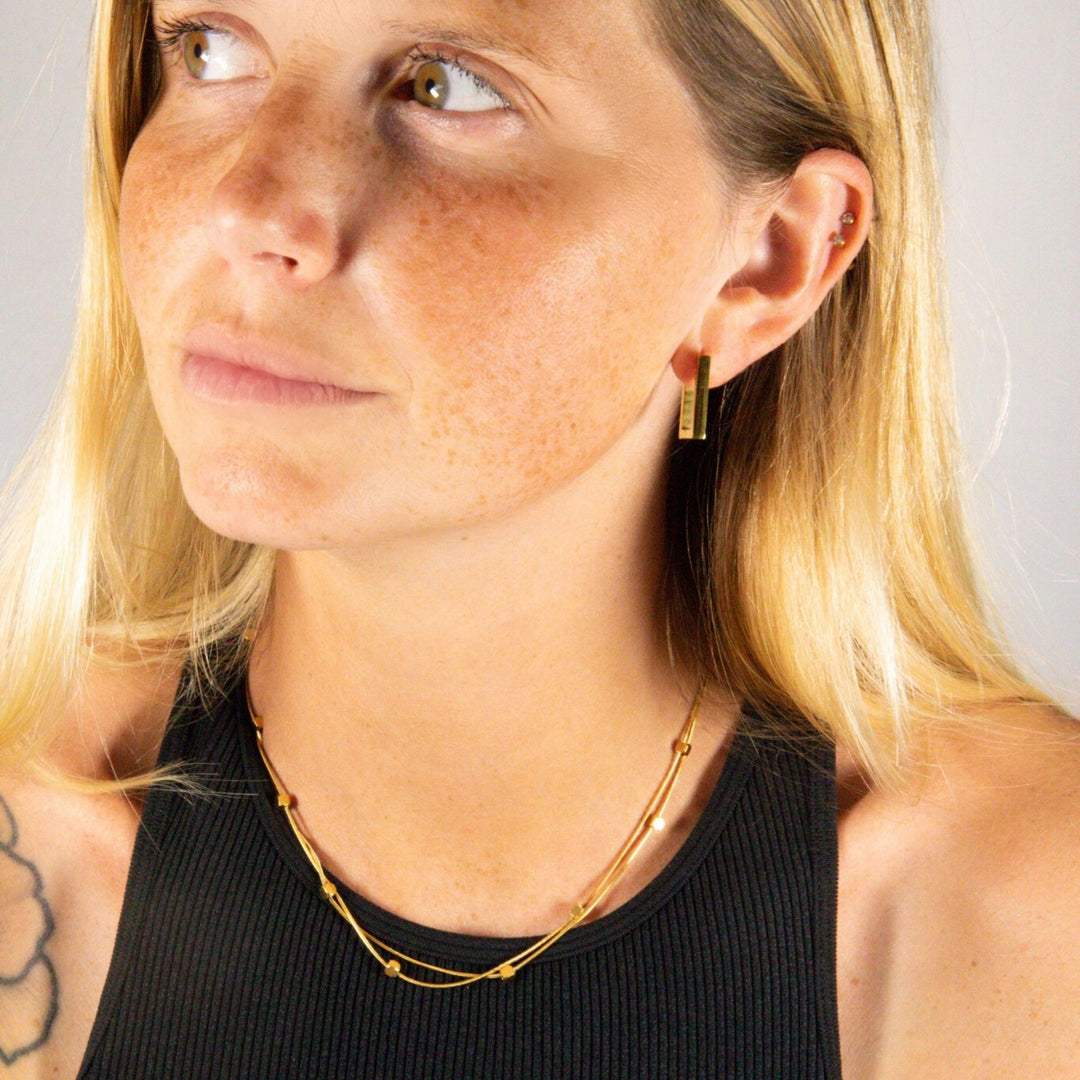 Double snake chain necklace with square cube accents.  Made from recycled gold and silver. Anti-tarnish. Perfect gift.