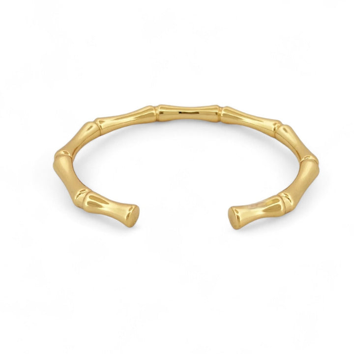 A nature-inspired Bamboo Bangle featuring a unique twist on a classic shape. Made from 14k recycled gold.