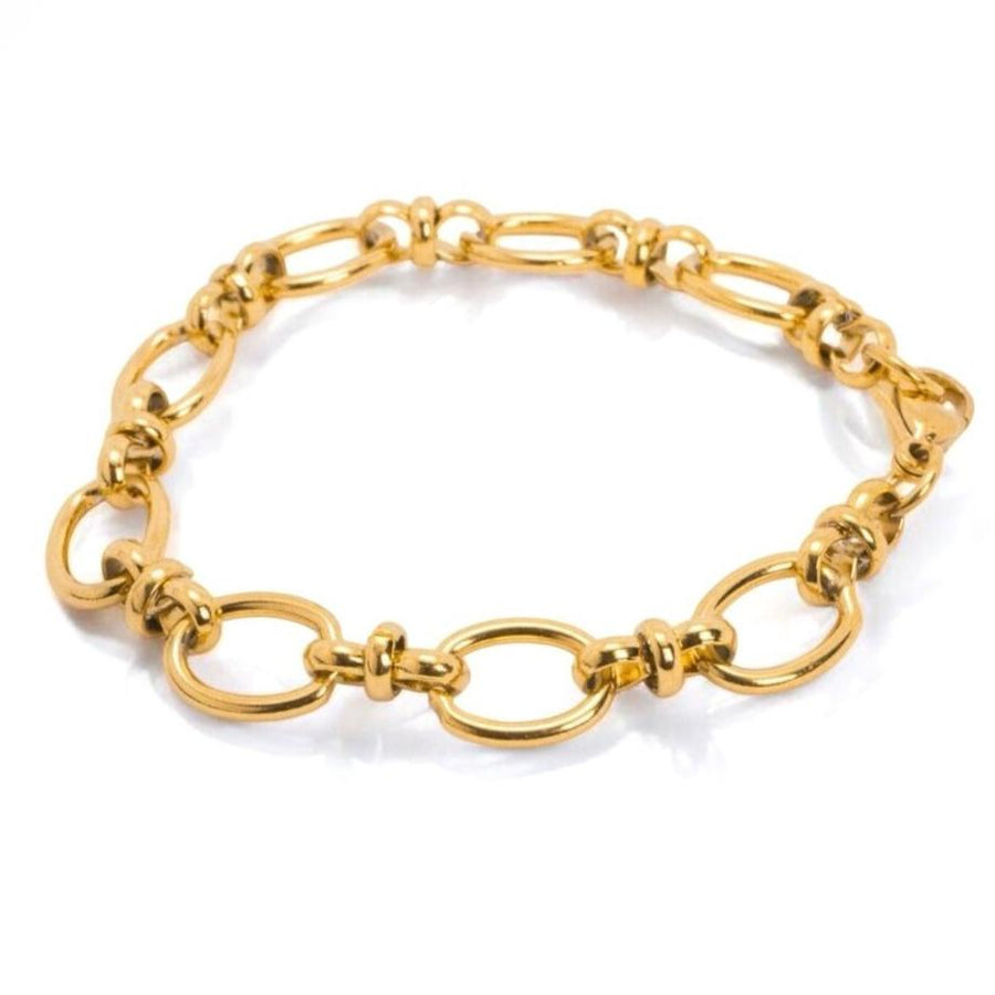 Chunky chain bracelet in gold.

Bracelet à grosse chaîne en or.

Dikke schakelarmband in goud.