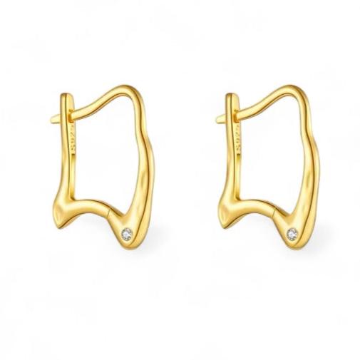 Irregular shaped gold and silver hoops with cubic zirconia. Comfortable to sleep in. Made from recycled gold. Gift.