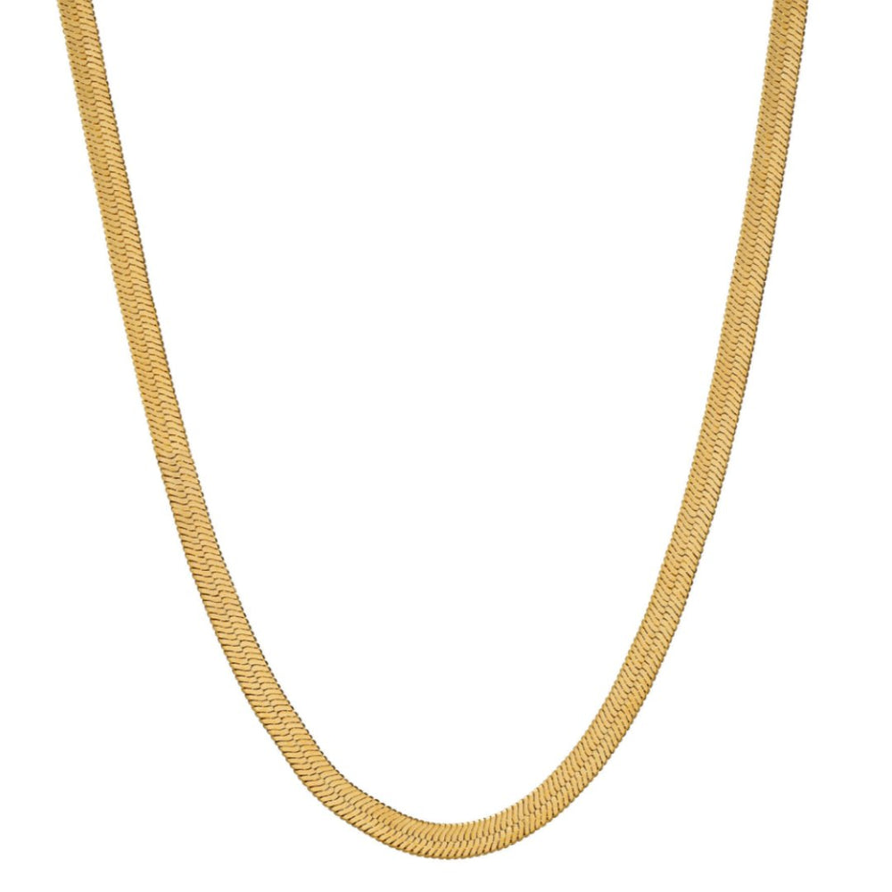 A herringbone chain necklace. Available in recycled gold or silver. Water & sweat proof to wear everyday, even to the gym.