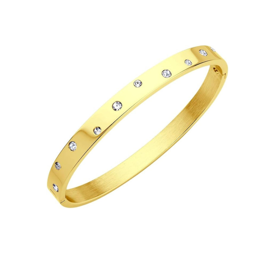 A gold bangle with shine. Hinged for easy opening. Made from recycled gold. The perfect gift for someone special.