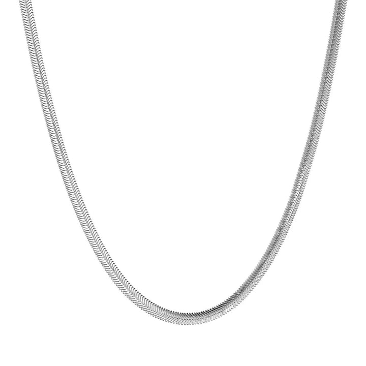 A herringbone chain necklace. Available in recycled gold or silver. Water & sweat proof to wear everyday, even to the gym.